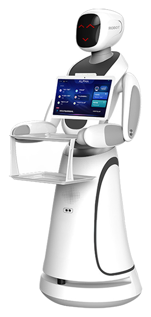 Amy service robot in hospitality service scenario, complete full body with original head, screen, tray, body, and base
