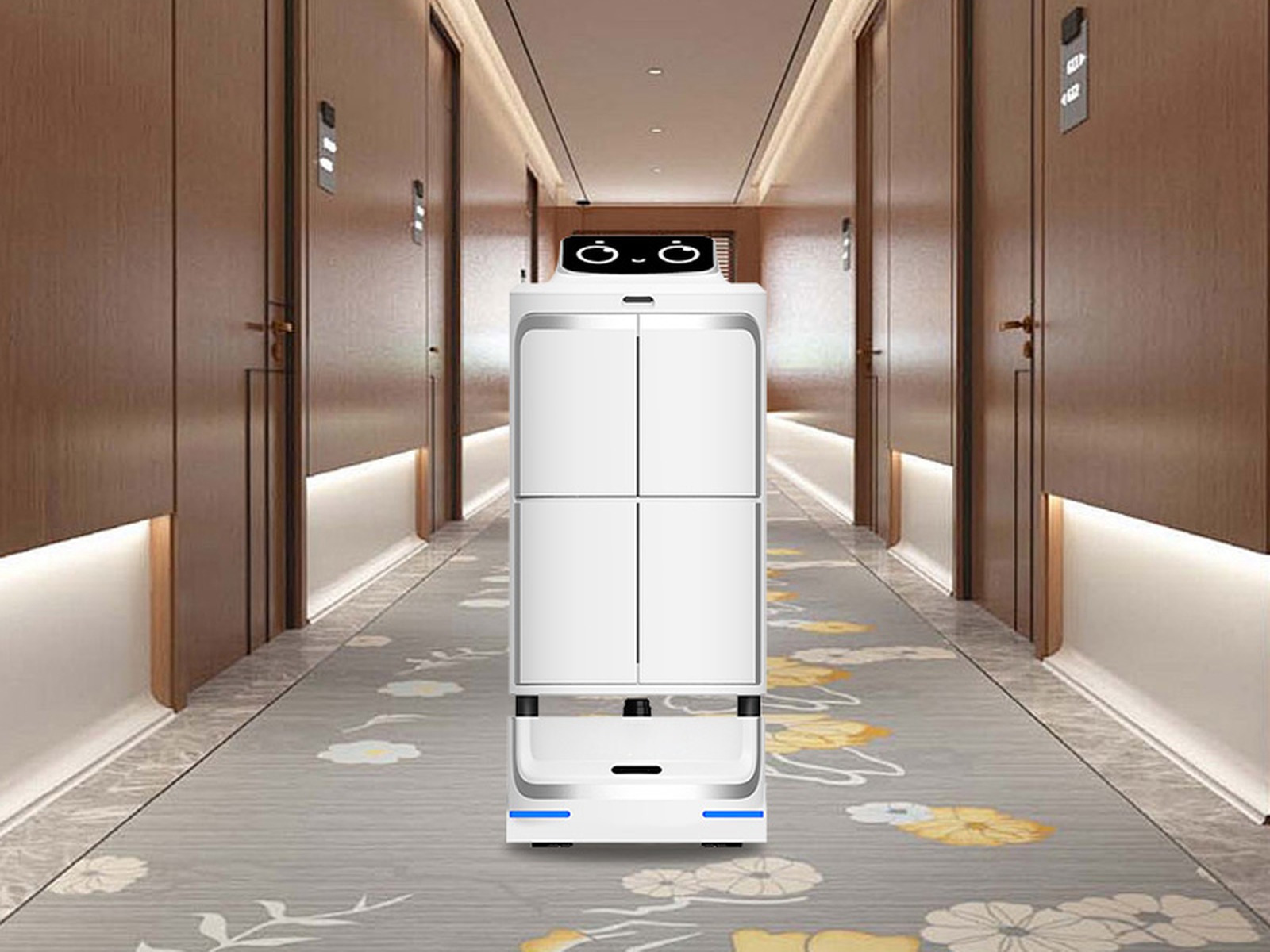Hotel delivery robot shown in a guest-floor corridor condition