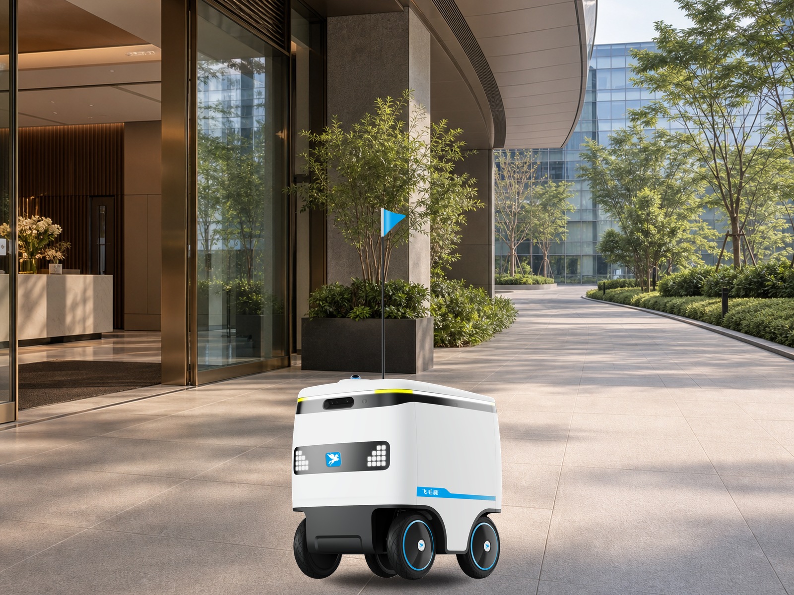 Speedybot Indoor Outdoor Delivery Robot in a controlled campus movement setting